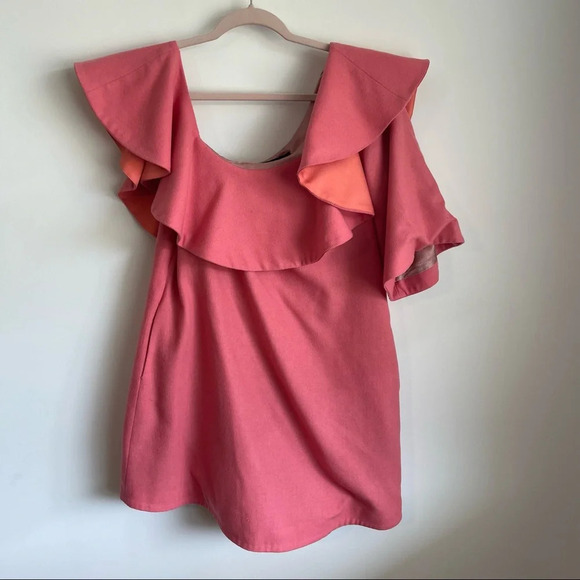 Paper London Pink Wool One Shoulder Ruffle Dress size 14 - Picture 2 of 8
